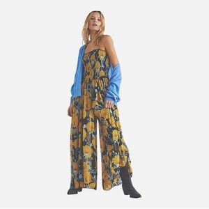 Free People Sophia Wide Leg jumpsuit Smocked Bodice Yellow Boho Cottagecore XS